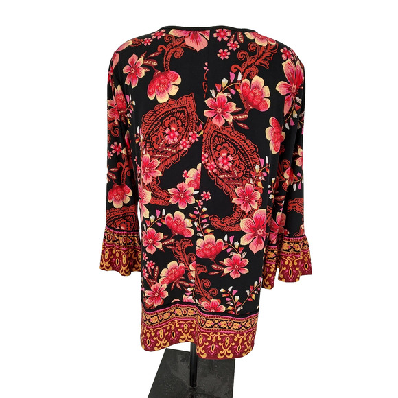 J.M.Collection Woman's Floral Pullover Blouse Black+Red Rhinestones Size Large - Picture 5 of 10
